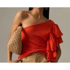 By Anthropologie Ruffle One Shoulder Top Womens Size Small Orange Blouse